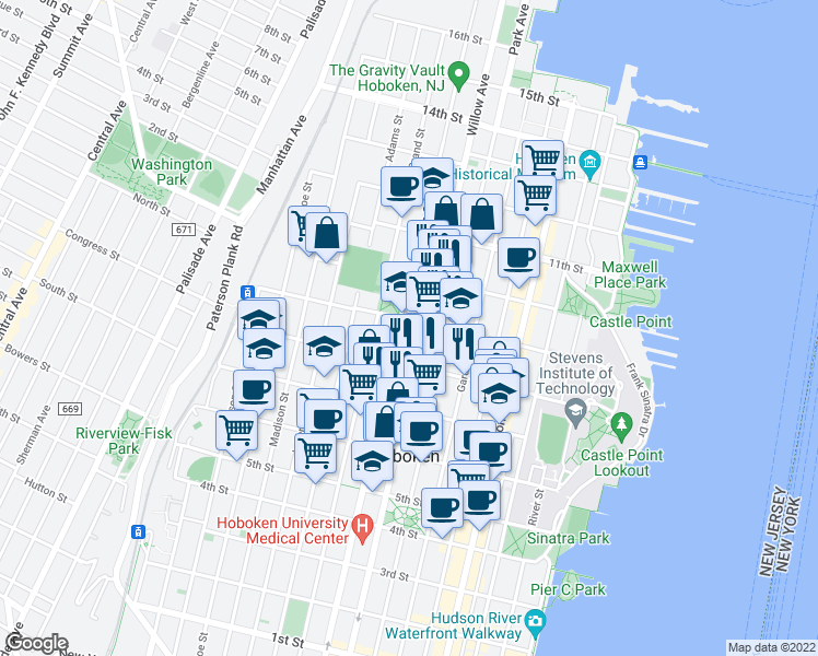 map of restaurants, bars, coffee shops, grocery stores, and more near in Hoboken