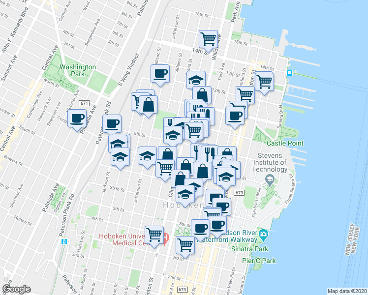 map of restaurants, bars, coffee shops, grocery stores, and more near in Hoboken