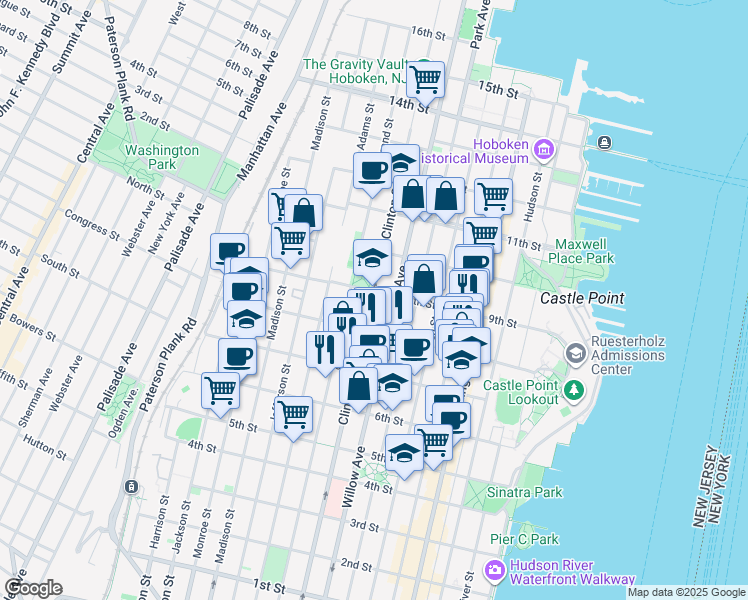 map of restaurants, bars, coffee shops, grocery stores, and more near in Hoboken