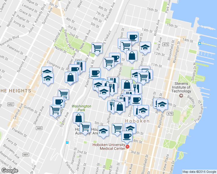 map of restaurants, bars, coffee shops, grocery stores, and more near 716-32 Madison Street in Hoboken