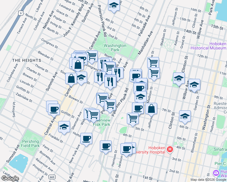 map of restaurants, bars, coffee shops, grocery stores, and more near in Jersey City