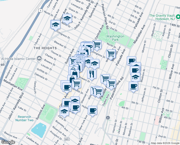 map of restaurants, bars, coffee shops, grocery stores, and more near 146 Hancock Avenue in Jersey City