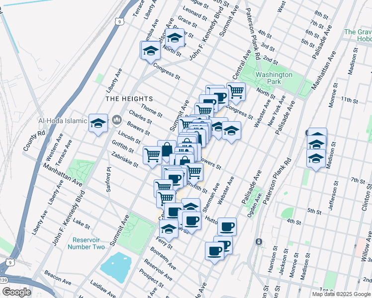 map of restaurants, bars, coffee shops, grocery stores, and more near 20 Charles Street in Jersey City