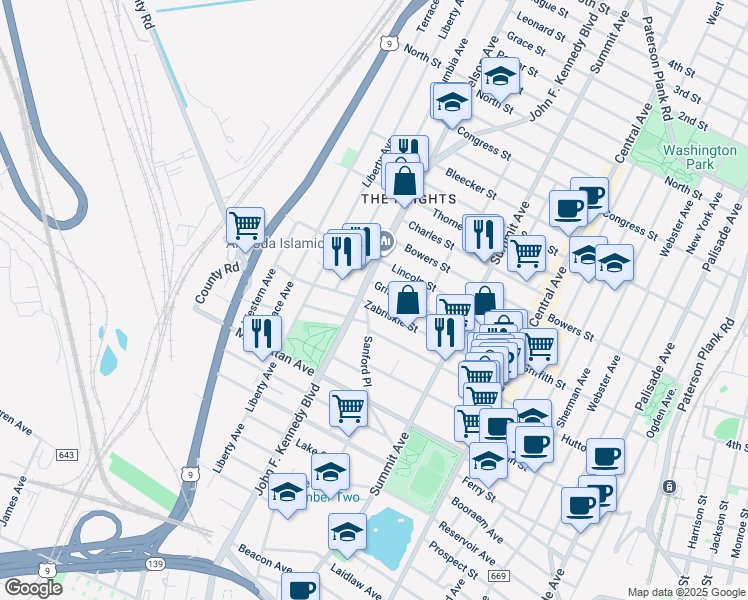 map of restaurants, bars, coffee shops, grocery stores, and more near 124 Zabriskie Street in Jersey City
