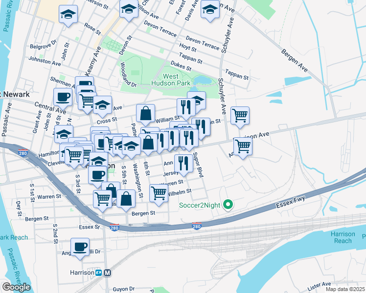map of restaurants, bars, coffee shops, grocery stores, and more near 728 Harrison Avenue in Harrison