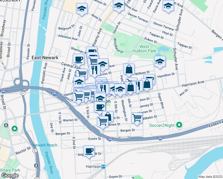 map of restaurants, bars, coffee shops, grocery stores, and more near 1 North 5th Street in Harrison
