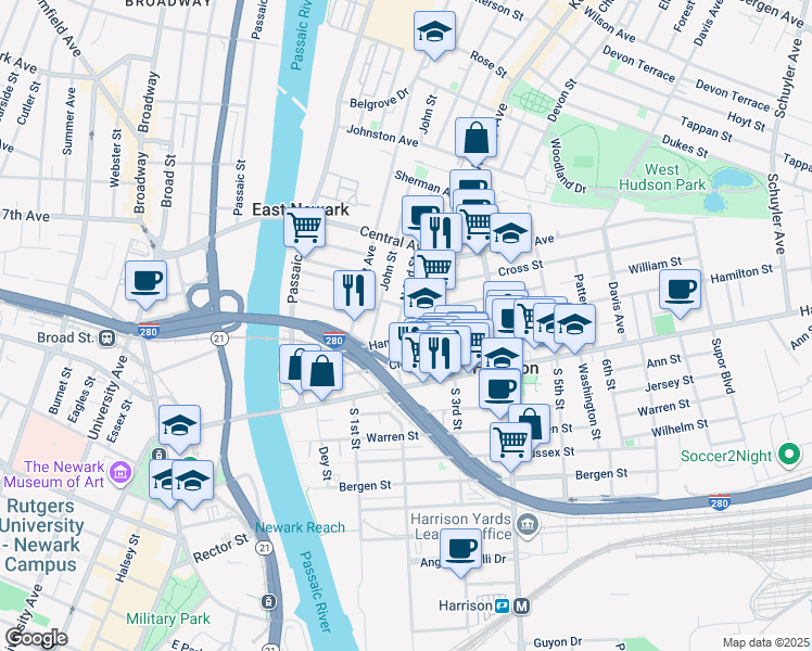 map of restaurants, bars, coffee shops, grocery stores, and more near 206B Hamilton Street in Harrison