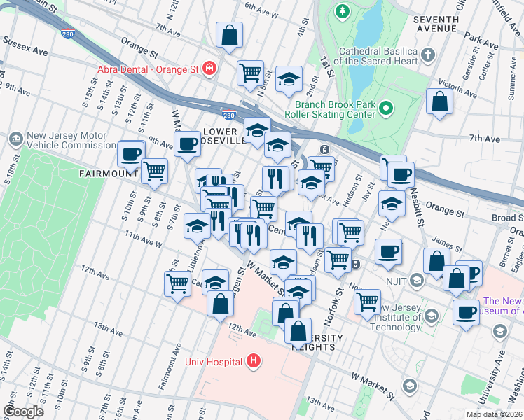 map of restaurants, bars, coffee shops, grocery stores, and more near 393 Central Avenue in Newark