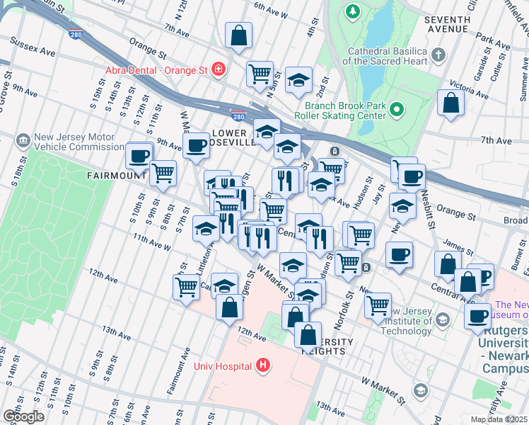 map of restaurants, bars, coffee shops, grocery stores, and more near 393 Central Avenue in Newark