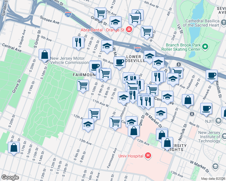 map of restaurants, bars, coffee shops, grocery stores, and more near 47 South 7th Street in Newark