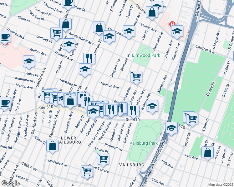 map of restaurants, bars, coffee shops, grocery stores, and more near 33 Arsdale Terrace in East Orange