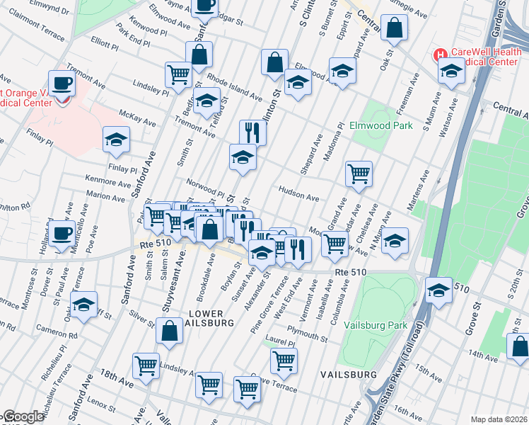 map of restaurants, bars, coffee shops, grocery stores, and more near 53 Sunnyside Terrace in East Orange