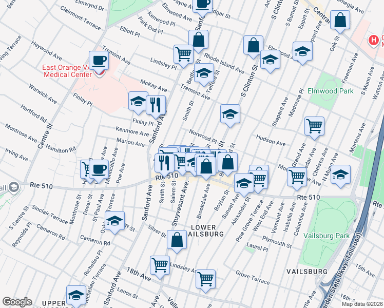 map of restaurants, bars, coffee shops, grocery stores, and more near 29 Halstead Street in Newark
