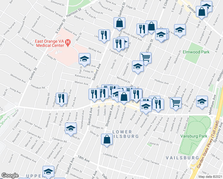 map of restaurants, bars, coffee shops, grocery stores, and more near 29 Halstead Street in Newark
