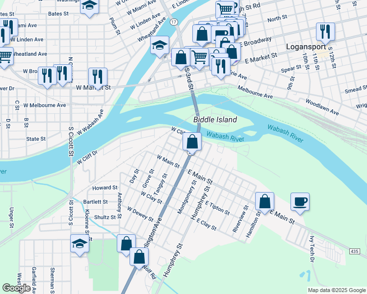 map of restaurants, bars, coffee shops, grocery stores, and more near 2-54 West Colfax Street in Logansport