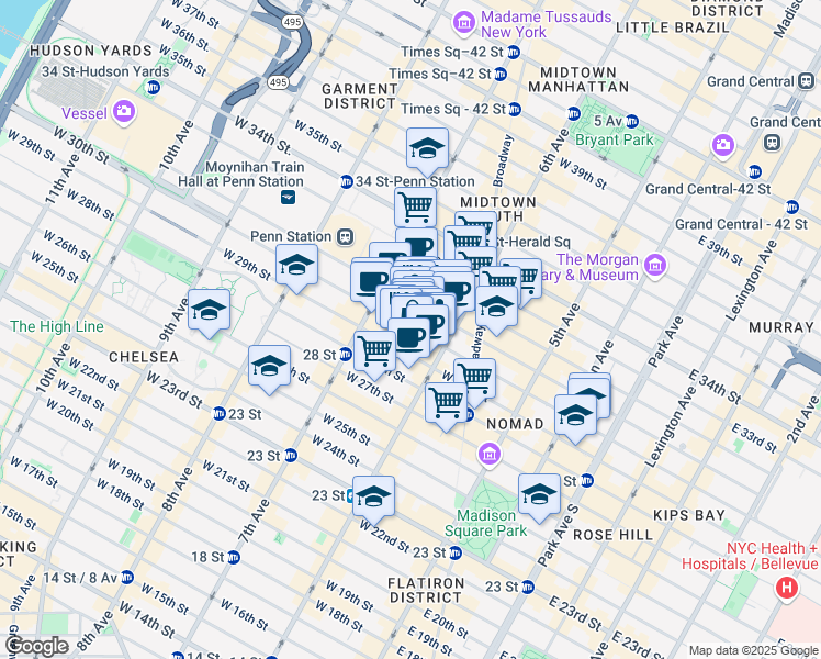 map of restaurants, bars, coffee shops, grocery stores, and more near 144 West 30th Street in New York