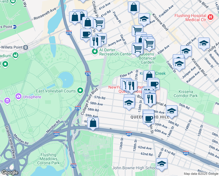 map of restaurants, bars, coffee shops, grocery stores, and more near 132-37 57th Avenue in Queens