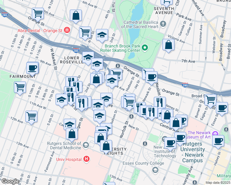 map of restaurants, bars, coffee shops, grocery stores, and more near 208 Sussex Avenue in Newark