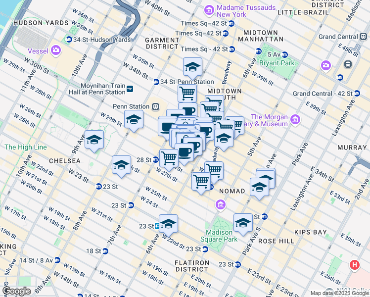 map of restaurants, bars, coffee shops, grocery stores, and more near 144 West 30th Street in New York