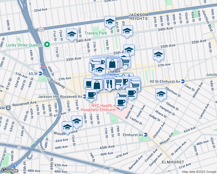 map of restaurants, bars, coffee shops, grocery stores, and more near in Queens