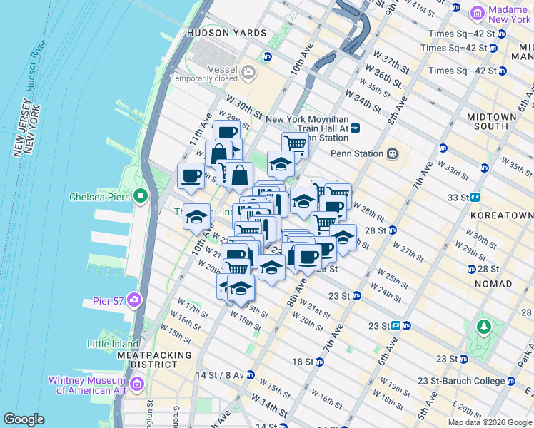 map of restaurants, bars, coffee shops, grocery stores, and more near 233 9th Avenue in New York