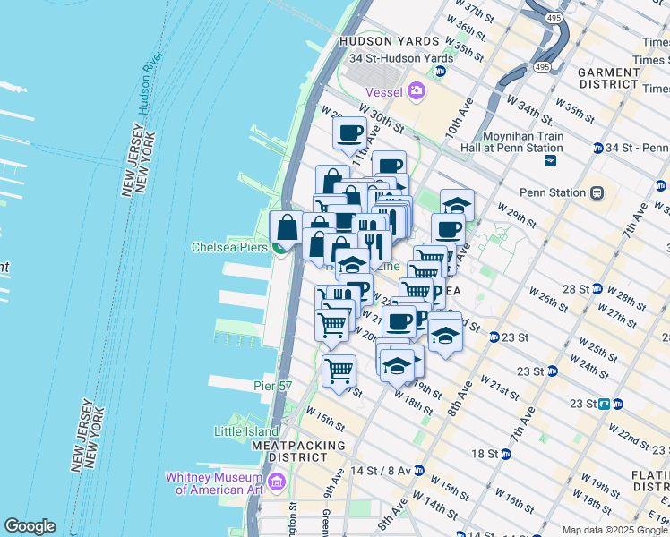 map of restaurants, bars, coffee shops, grocery stores, and more near 535 West 22nd Street in New York