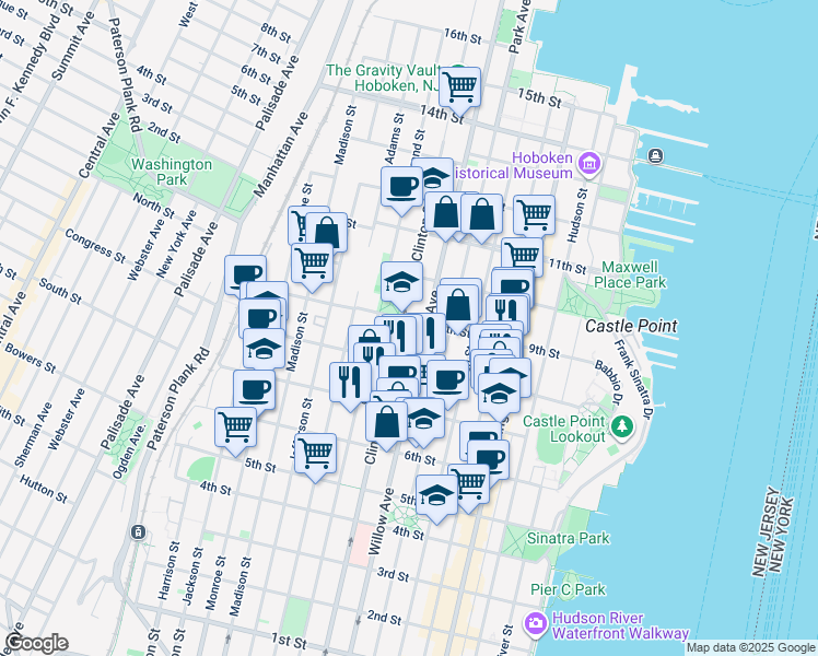 map of restaurants, bars, coffee shops, grocery stores, and more near in Hoboken