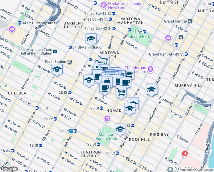 map of restaurants, bars, coffee shops, grocery stores, and more near 1250 Broadway in New York