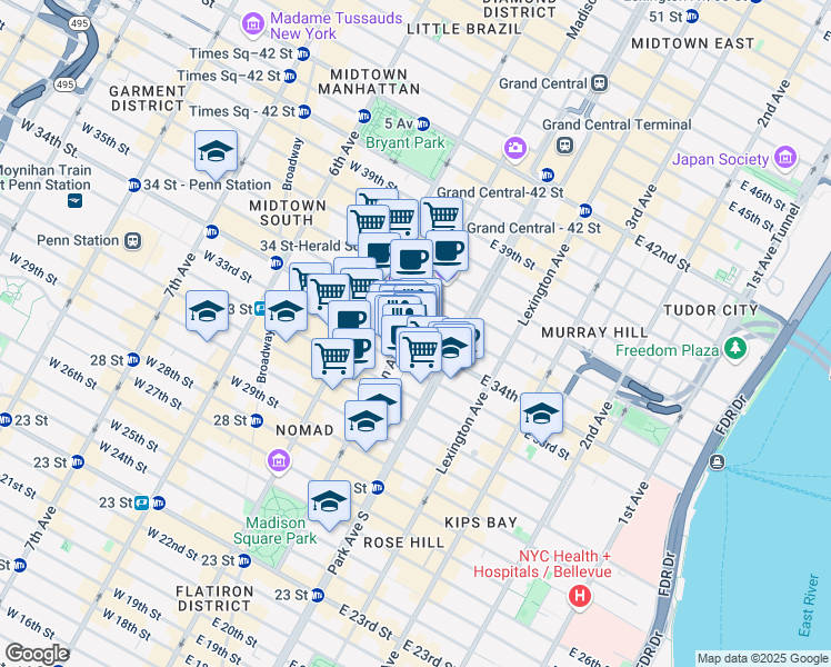 map of restaurants, bars, coffee shops, grocery stores, and more near 185 Madison Avenue in New York