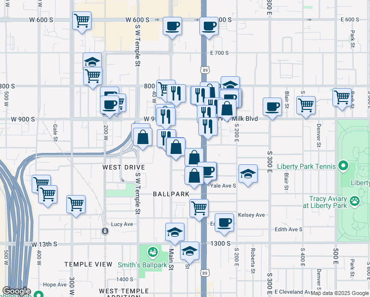 map of restaurants, bars, coffee shops, grocery stores, and more near 999 Main Street in Salt Lake City