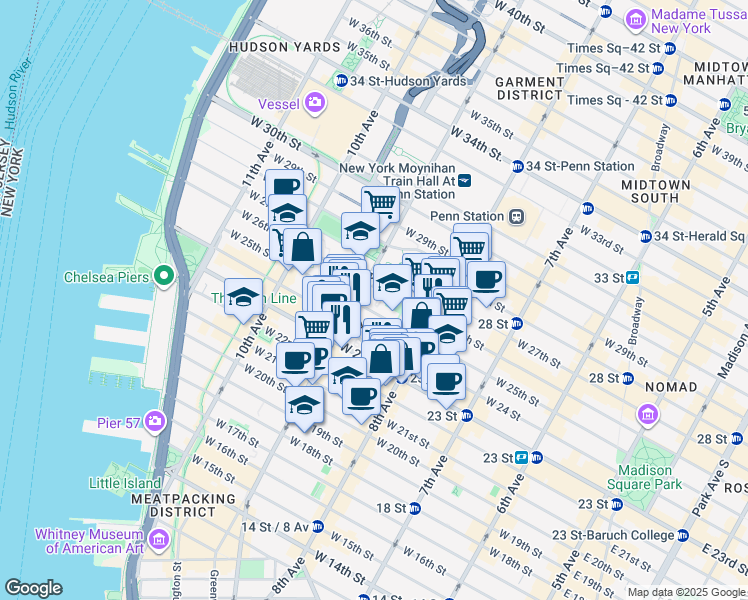 map of restaurants, bars, coffee shops, grocery stores, and more near 372 West 25th Street in New York