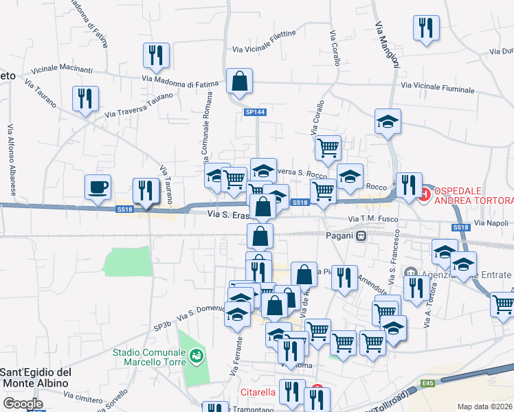 map of restaurants, bars, coffee shops, grocery stores, and more near 21 Via S. Erasmo in Pagani