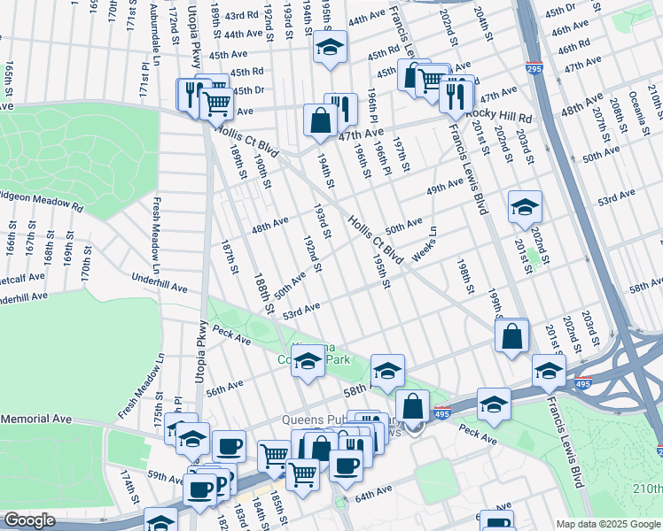 map of restaurants, bars, coffee shops, grocery stores, and more near 50-12 193rd Street in Queens