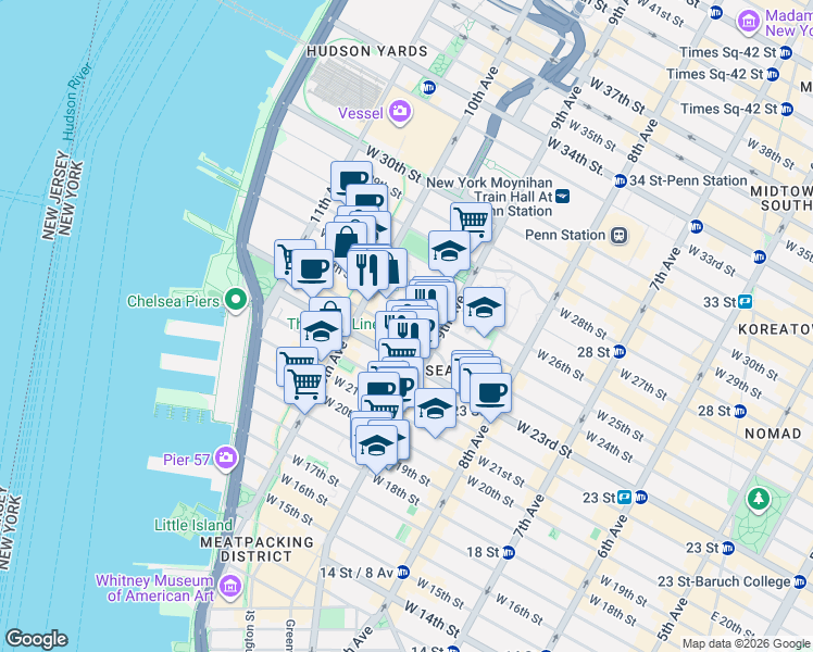 map of restaurants, bars, coffee shops, grocery stores, and more near 425 W 24th St in New York