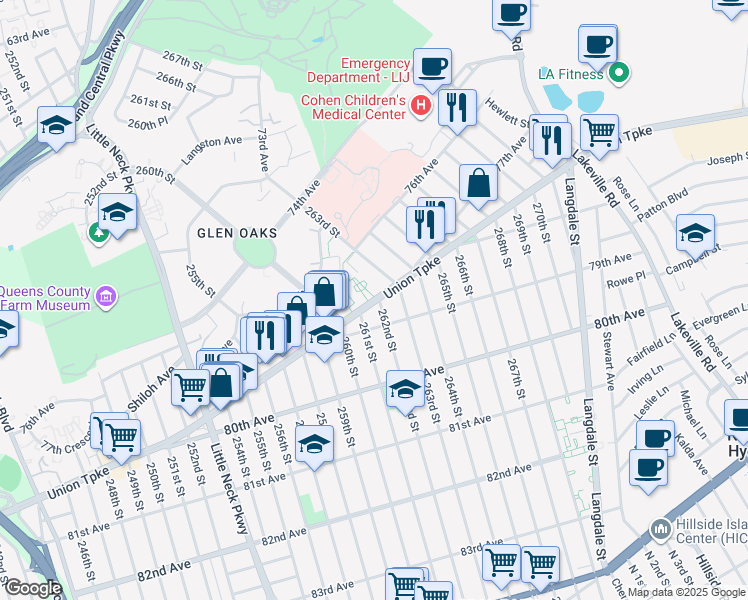 map of restaurants, bars, coffee shops, grocery stores, and more near 260-41 Union Turnpike in Queens