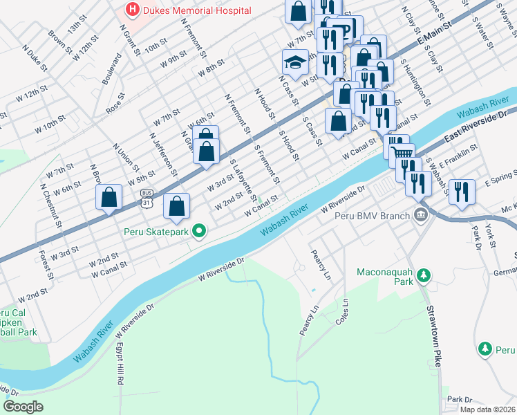 map of restaurants, bars, coffee shops, grocery stores, and more near 250 West Canal Street in Peru