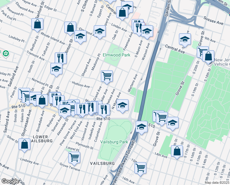 map of restaurants, bars, coffee shops, grocery stores, and more near 90 Chelsea Avenue in Newark