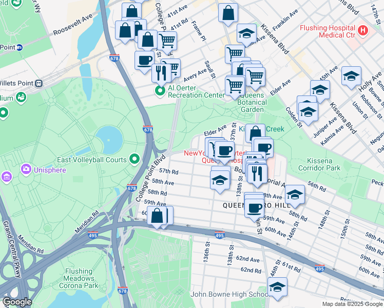 map of restaurants, bars, coffee shops, grocery stores, and more near 132-37 57th Avenue in Queens