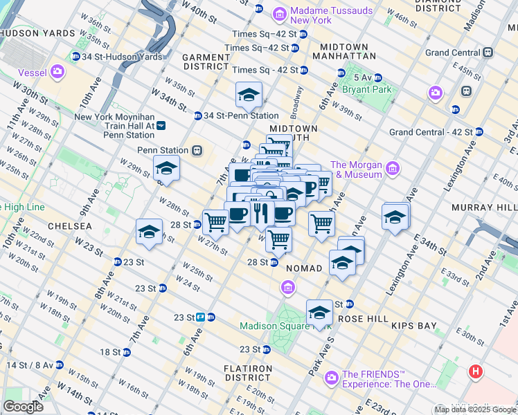 map of restaurants, bars, coffee shops, grocery stores, and more near 100 West 31st Street in New York