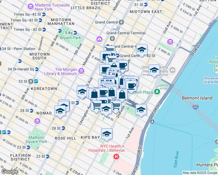 map of restaurants, bars, coffee shops, grocery stores, and more near 162 East 36th Street in New York