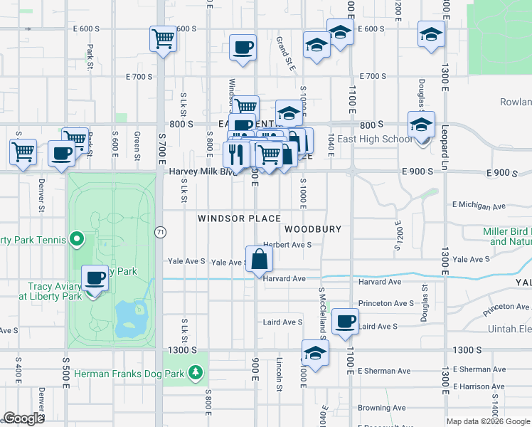 map of restaurants, bars, coffee shops, grocery stores, and more near 920 East Belmont Avenue in Salt Lake City