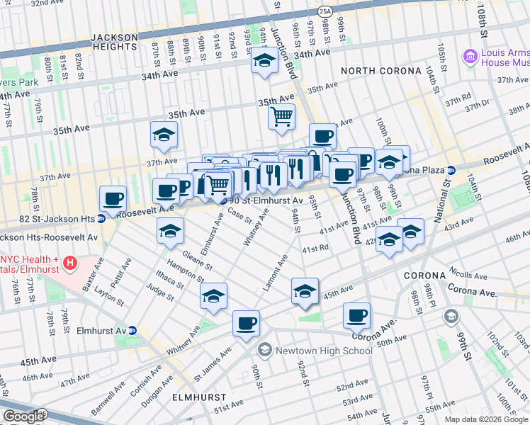 map of restaurants, bars, coffee shops, grocery stores, and more near Whitney Avenue & Benham Street in Queens