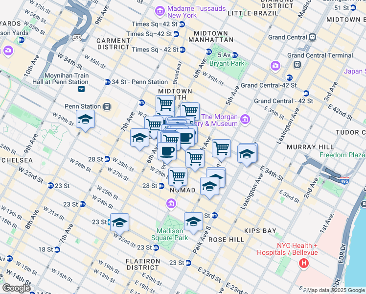 map of restaurants, bars, coffee shops, grocery stores, and more near 26 West 32nd Street in New York