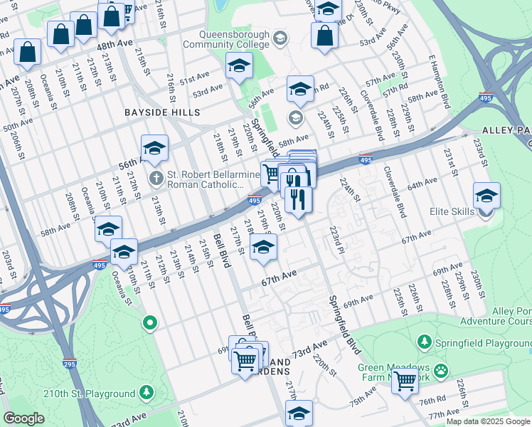 map of restaurants, bars, coffee shops, grocery stores, and more near 61-33 219th Street in Queens