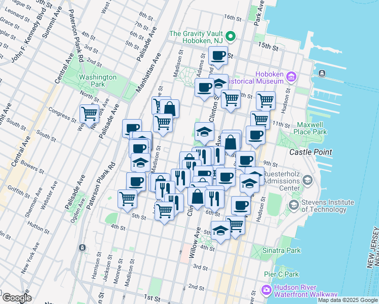 map of restaurants, bars, coffee shops, grocery stores, and more near 812 Grand Street in Hoboken