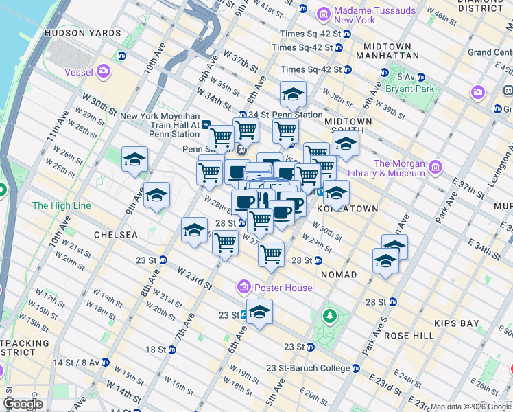 map of restaurants, bars, coffee shops, grocery stores, and more near 341 7th Avenue in New York