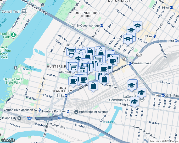 map of restaurants, bars, coffee shops, grocery stores, and more near 23-29 44th Drive in Queens