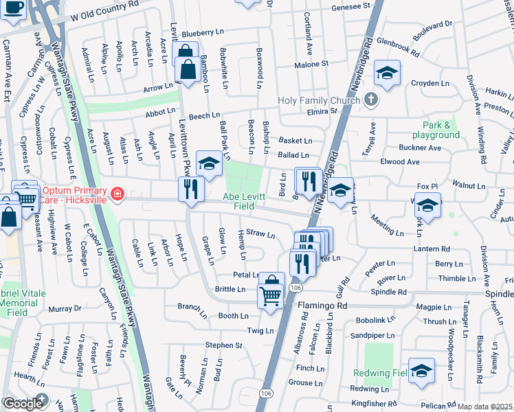 map of restaurants, bars, coffee shops, grocery stores, and more near 50 Stewart Avenue in Hicksville