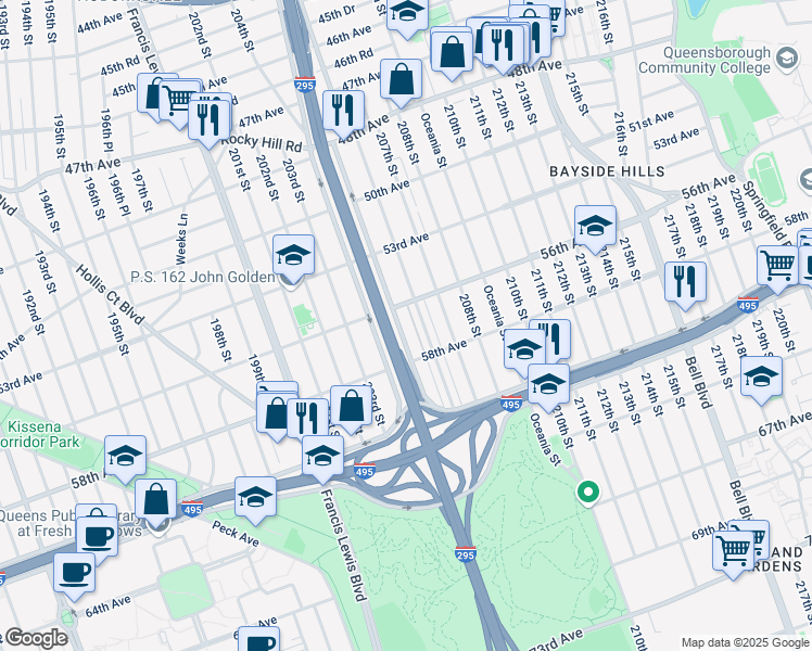 map of restaurants, bars, coffee shops, grocery stores, and more near 5625 205th Street in Queens