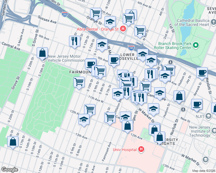map of restaurants, bars, coffee shops, grocery stores, and more near 47 South 7th Street in Newark